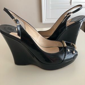 Jimmy Choo Black Patent Leather Wedge Sandals, 38